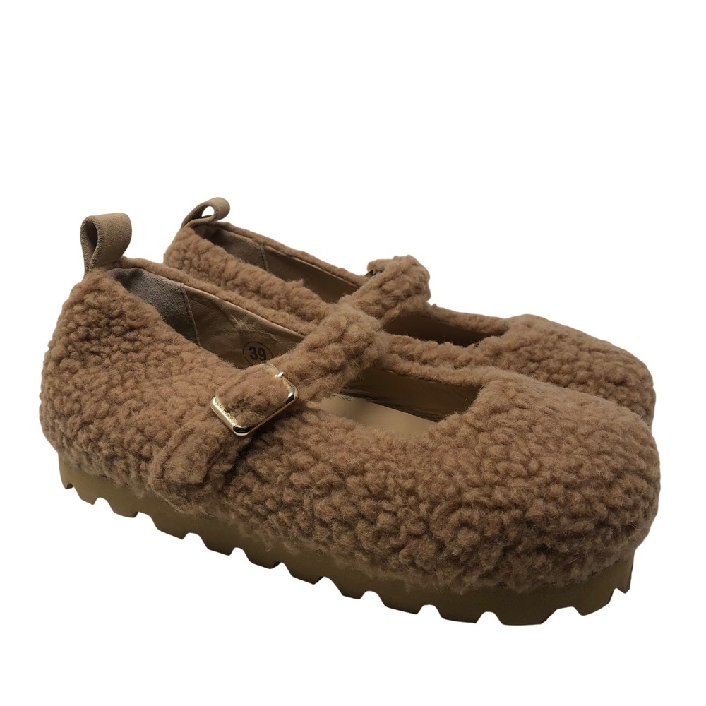 INUIKII Matilda Mary Jane Flats 39 US 8.5 Womens Tan Shearling Faux Fur Buckle
